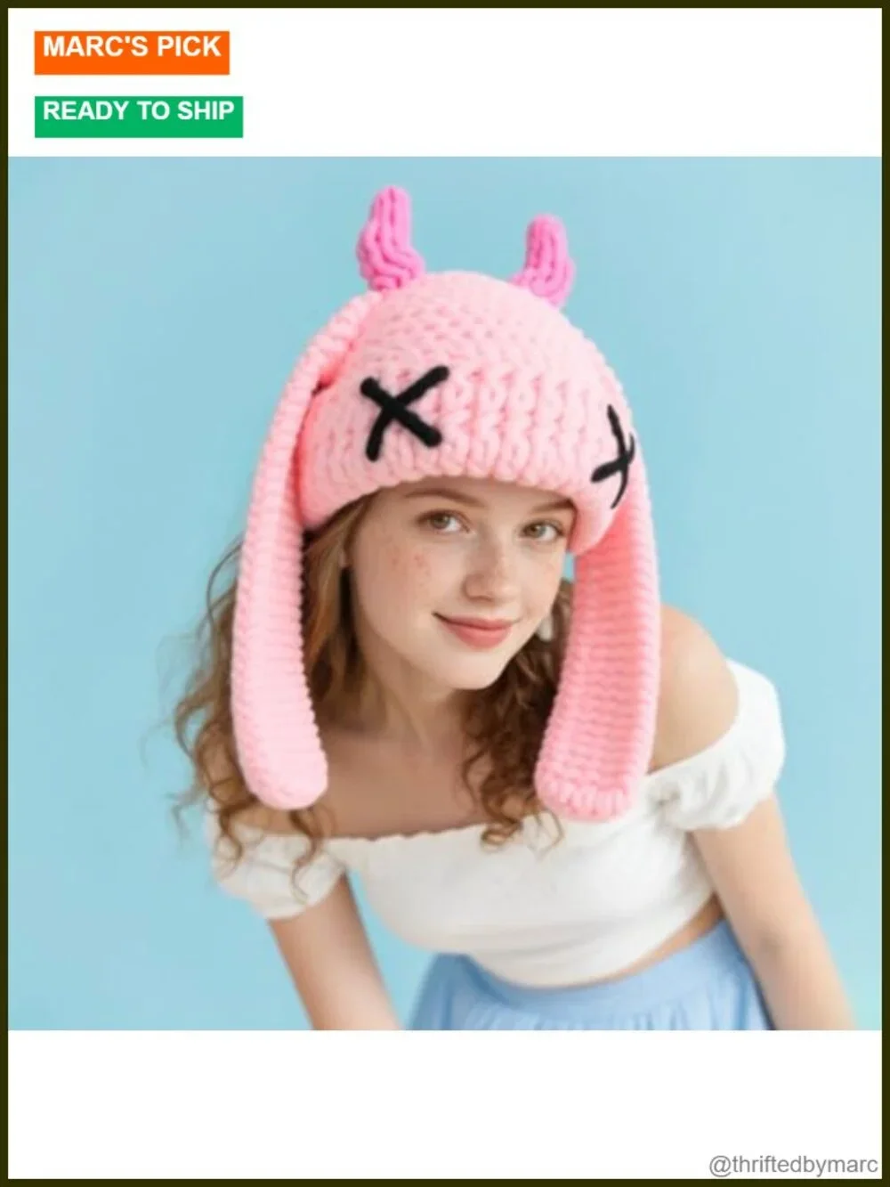 Knit Beanie Hat Cute Bunny Long Ears Funny Winter Cap Warm Crochet Slouchy Ski